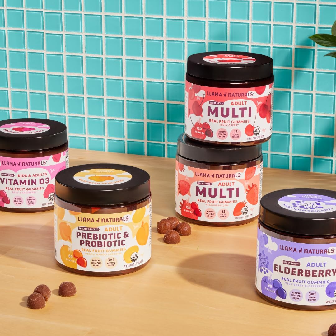 Organic Vegan Prebiotic & Probiotic Gummies for Adults | Llama Naturals Mixed Berry Synbiotics | Gut Health Support | 5B CFU, 60 ct