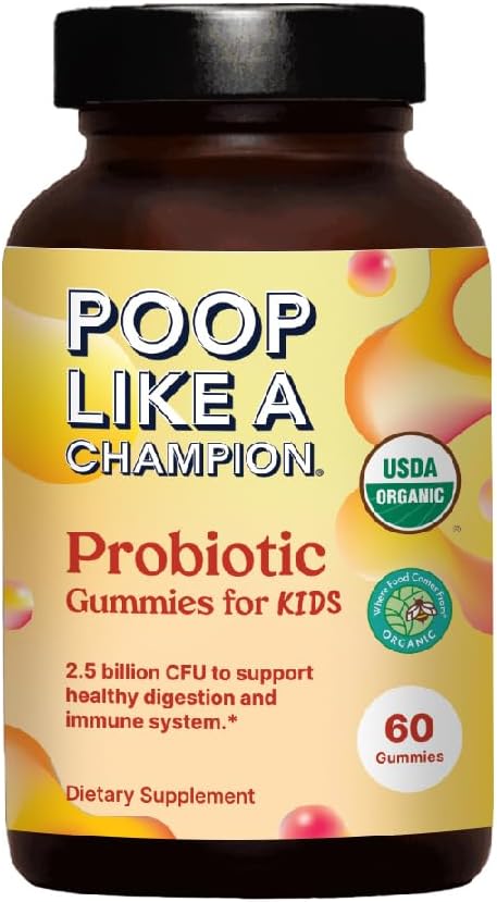 Organic Vegan Probiotic Gummies for Kids - Gentle Digestive Support, 60 Non-GMO Gummies - Poop Like a Champion