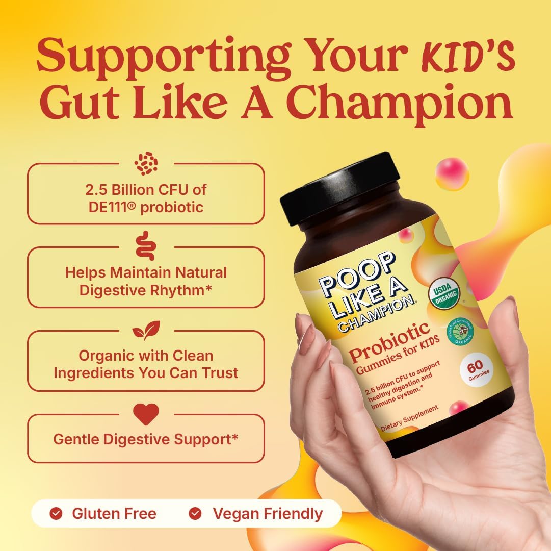 Organic Vegan Probiotic Gummies for Kids - Gentle Digestive Support, 60 Non-GMO Gummies - Poop Like a Champion