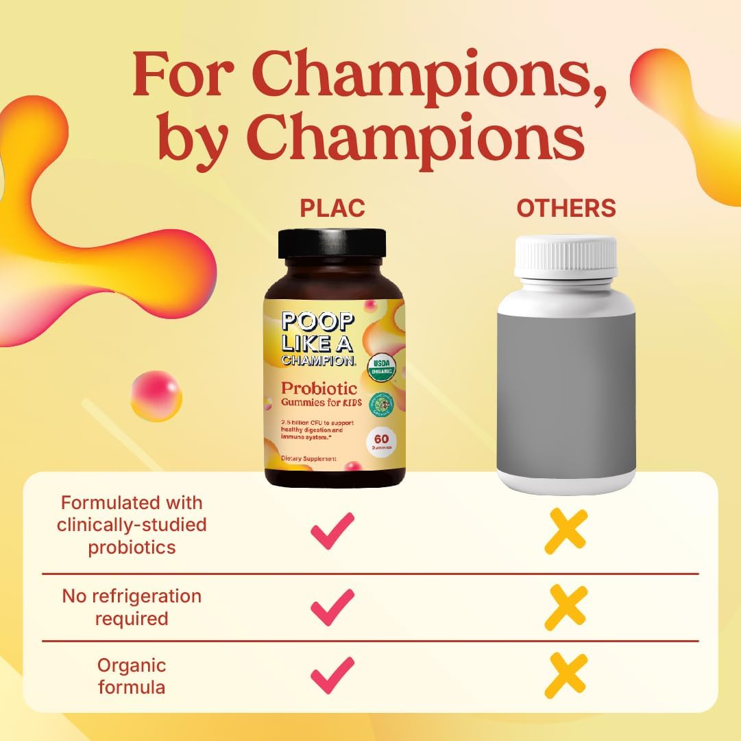 Organic Vegan Probiotic Gummies for Kids - Gentle Digestive Support, 60 Non-GMO Gummies - Poop Like a Champion