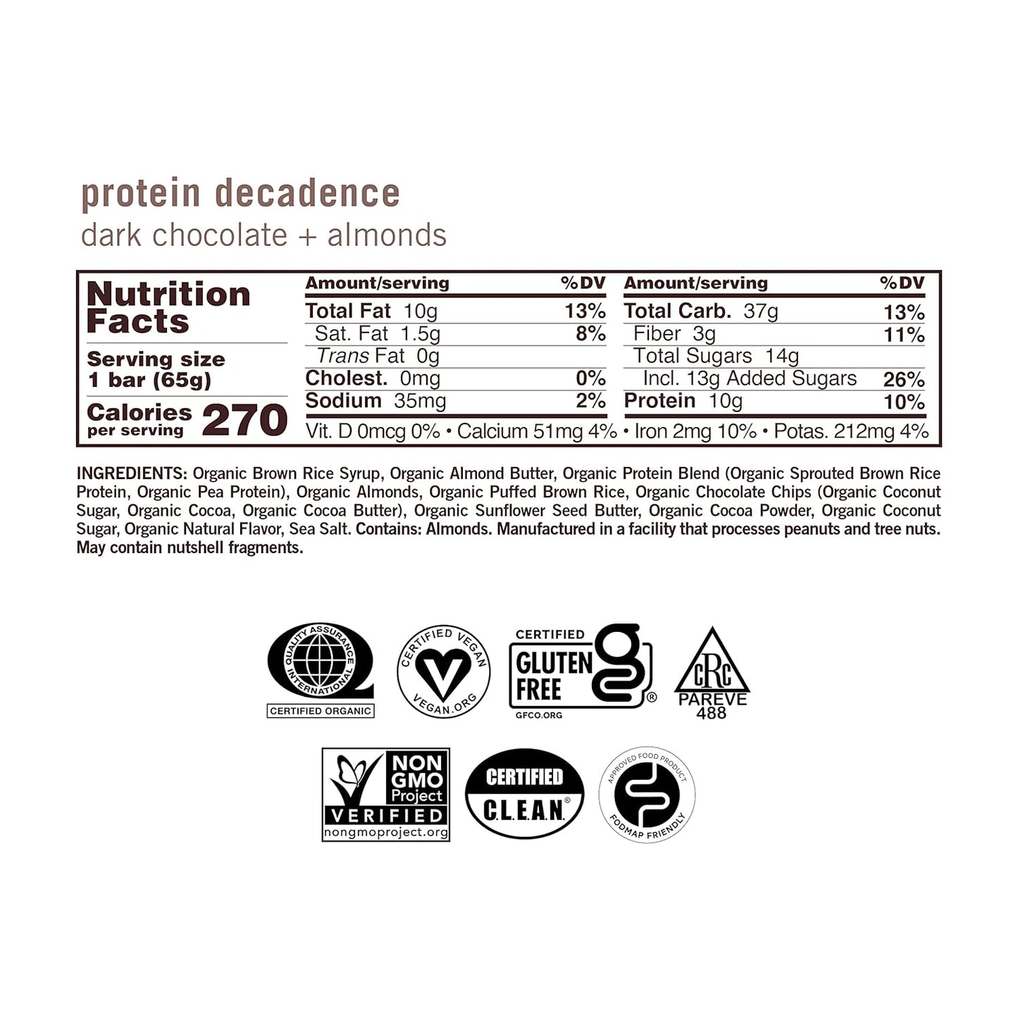 Organic Vegan Protein Bars - Dark Chocolate + Almonds (12 Count, 2.3 oz Bars) by GoMacro