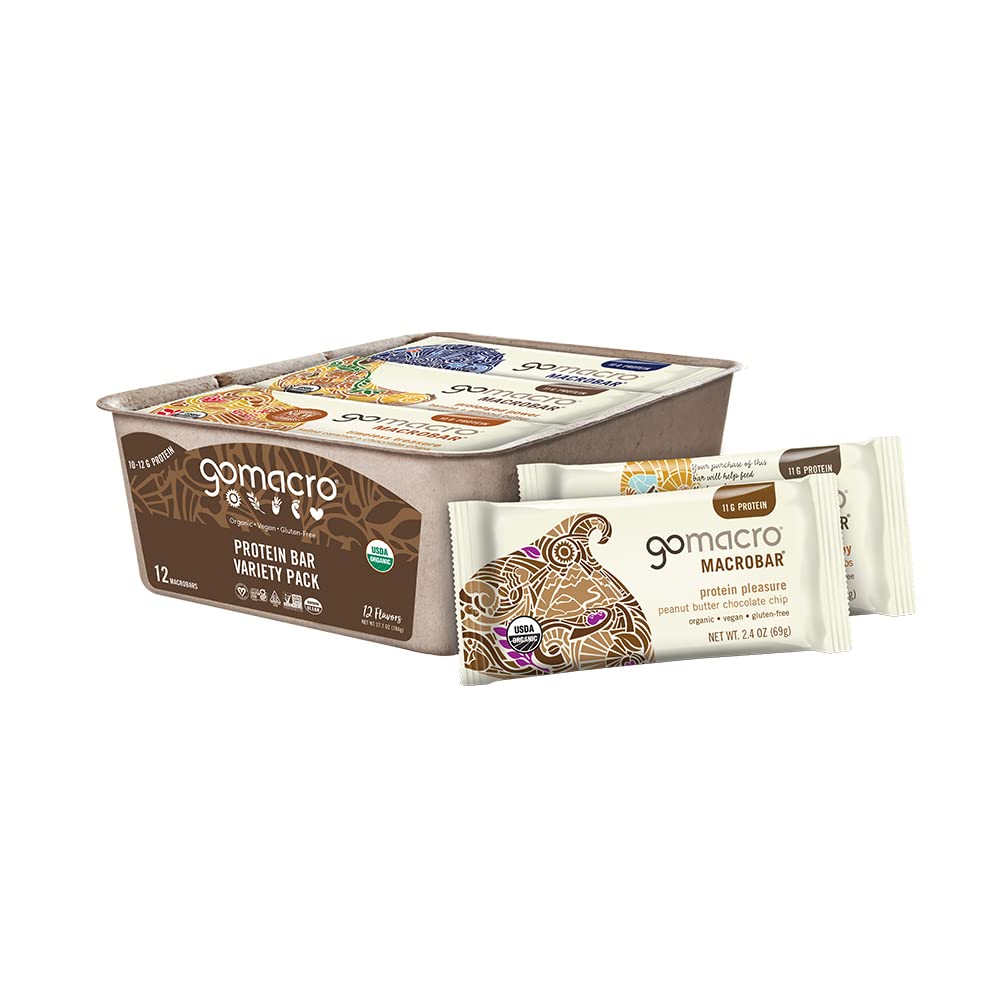 Organic Vegan Protein Bars Protein Variety Pack - GoMacro MacroBar (12 Count, 2.3-2.4 Ounce Bars)