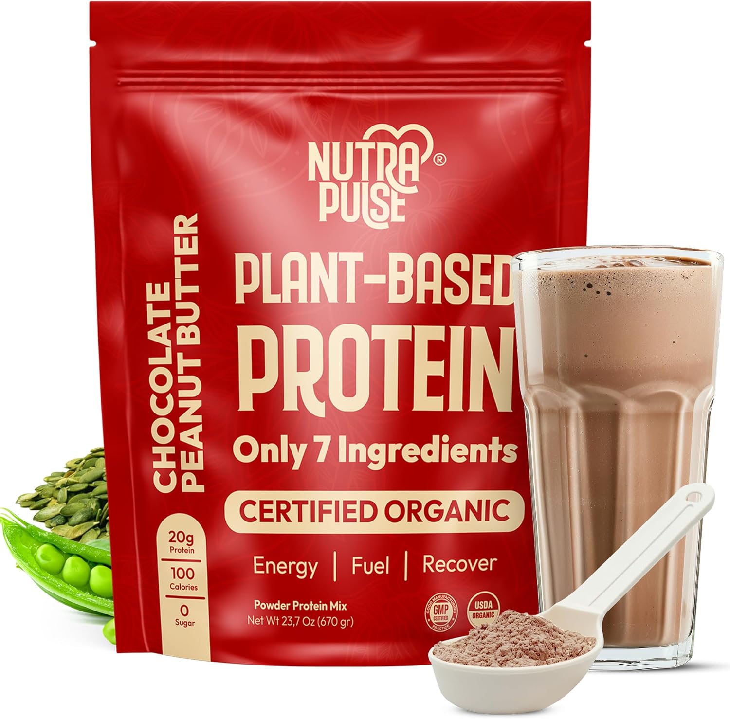 Organic Vegan Protein Powder - Plant-Based, Gluten-Free, 20g Protein, Ideal for Smoothies & Shakes - Chocolate Peanut Butter Flavor - 20 Servings