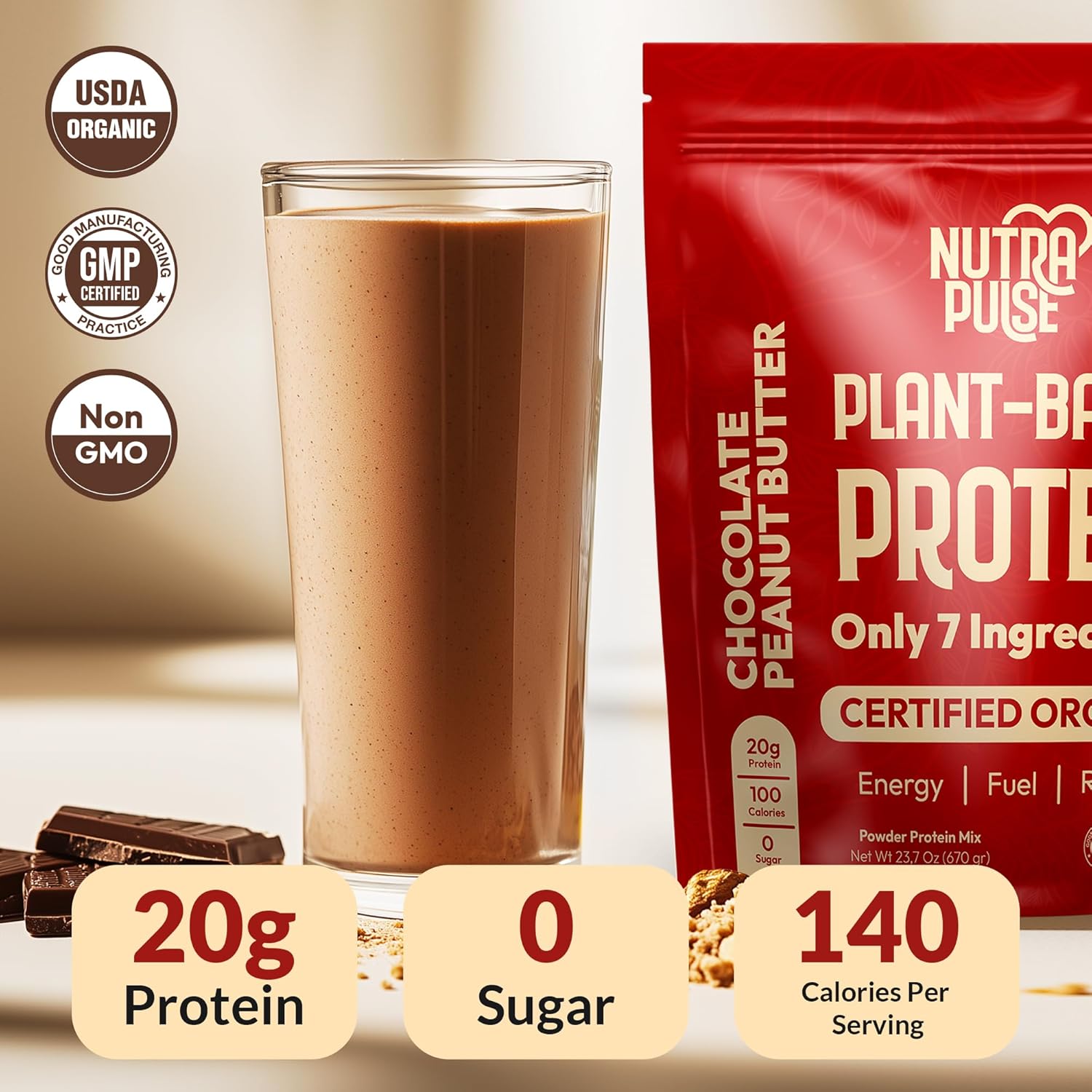 Organic Vegan Protein Powder - Plant-Based, Gluten-Free, 20g Protein, Ideal for Smoothies & Shakes - Chocolate Peanut Butter Flavor - 20 Servings