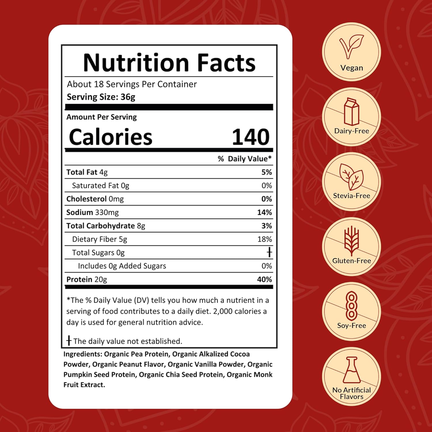 Organic Vegan Protein Powder - Plant-Based, Gluten-Free, 20g Protein, Ideal for Smoothies & Shakes - Chocolate Peanut Butter Flavor - 20 Servings