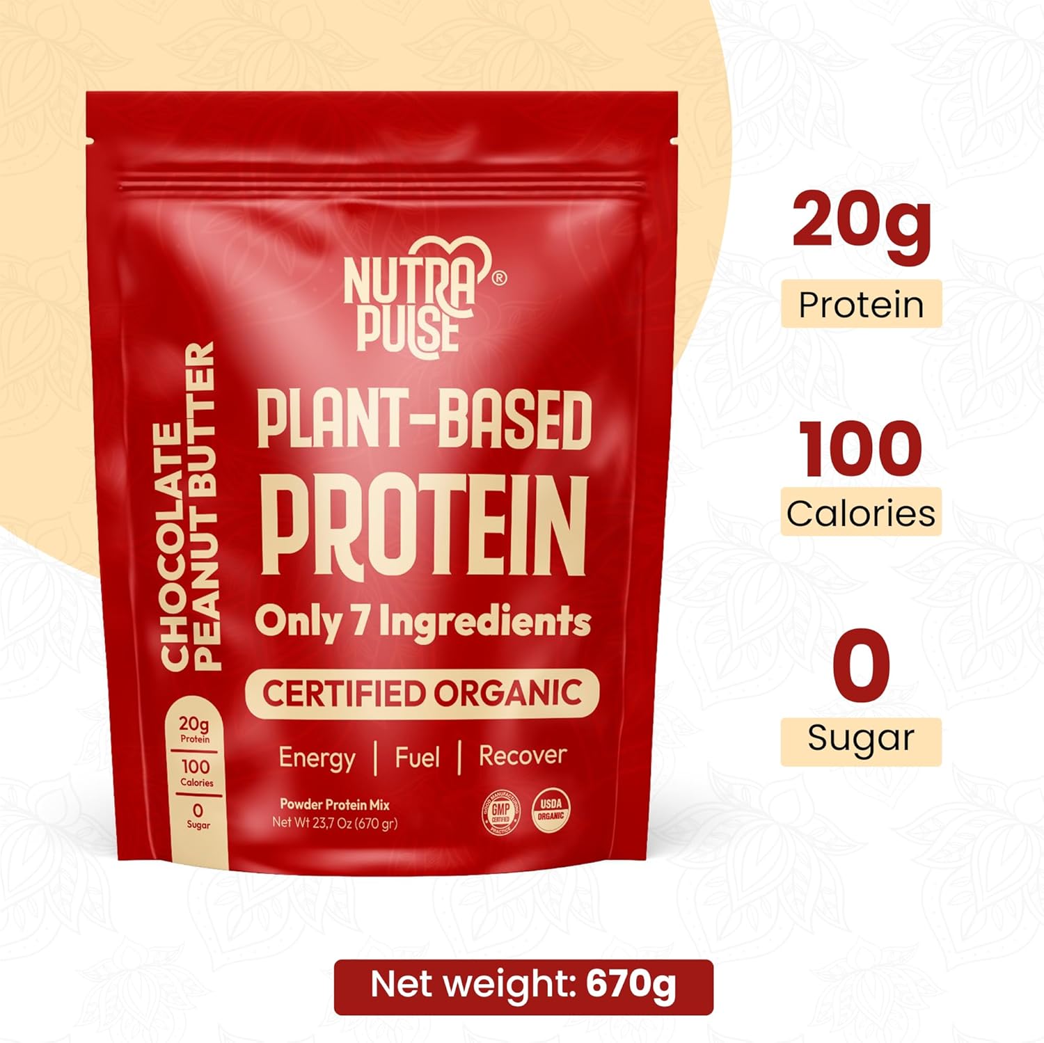 Organic Vegan Protein Powder - Plant-Based, Gluten-Free, 20g Protein, Ideal for Smoothies & Shakes - Chocolate Peanut Butter Flavor - 20 Servings