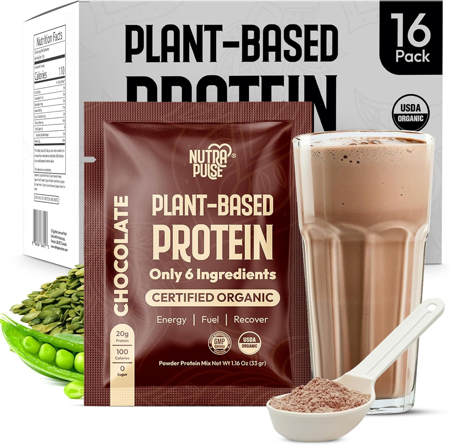 Organic Vegan Protein Powder Sample Pack - Plant-Based, Gluten-Free, Non GMO, 20g Protein Per Serving - Chocolate Flavor, Pack of 16