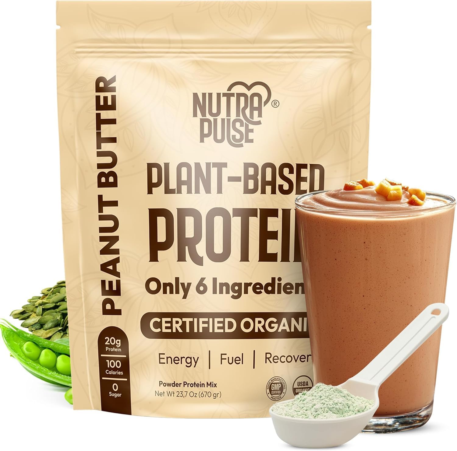 Organic Vegan Protein Powder Sample Pack - Plant-Based, Gluten-Free, Non GMO, 20g Protein, Peanut Butter Flavor, Pack of 8