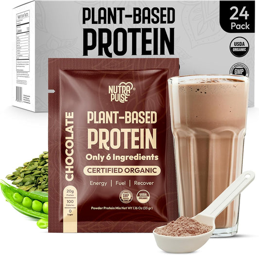Organic Vegan Protein Powder Sample Pack - Plant-Based, Gluten-Free, Non GMO, 20g Protein, Chocolate, 24 Pack