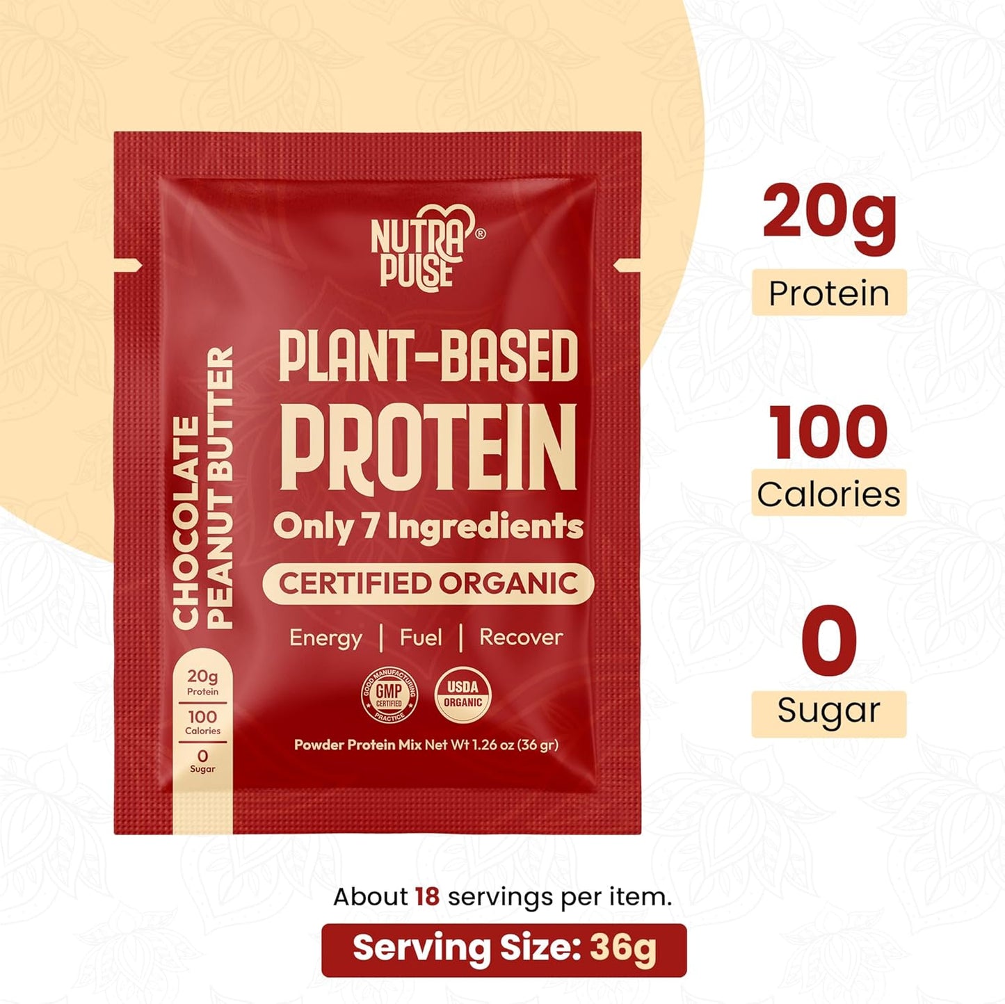 Organic Vegan Protein Powder Sample Pack - Plant-Based & Gluten-Free, Non GMO, 20g Protein Per Serving, Ideal for Smoothies & Shakes - Chocolate Peanut Butter, Pack of 8