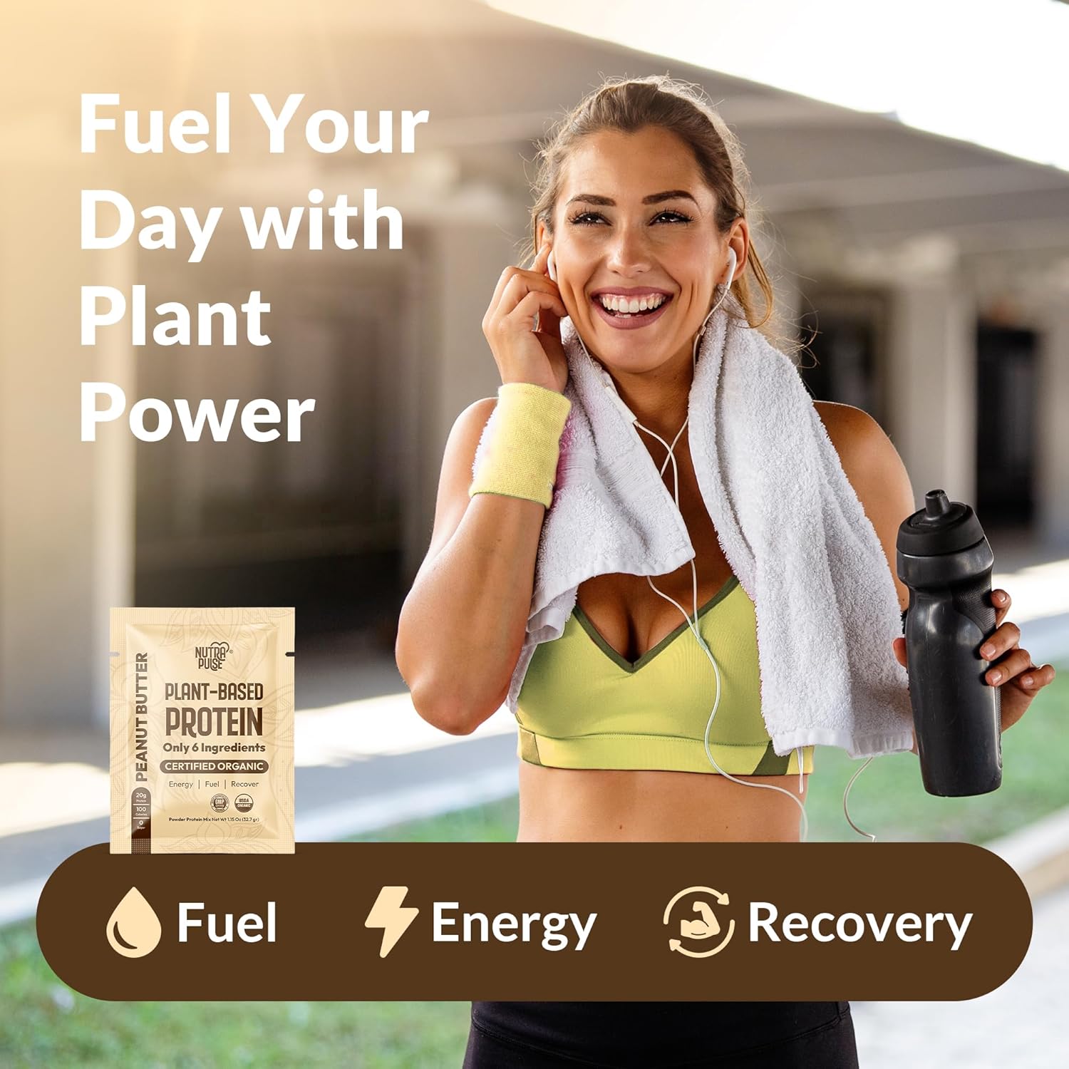 Organic Vegan Protein Powder Sample Pack - Plant-Based, Gluten-Free, Non GMO, 20g Protein, Peanut Butter Flavor, Pack of 8