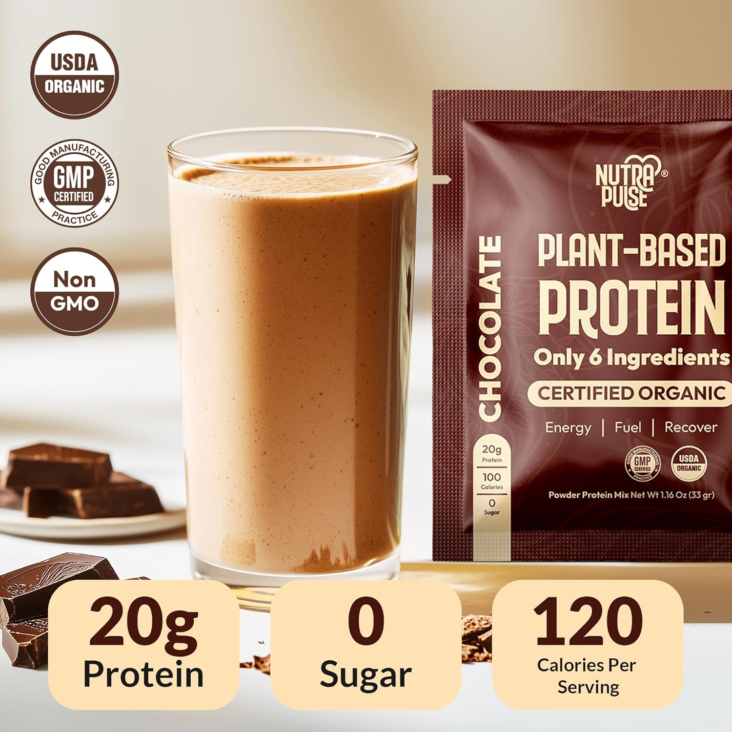 Organic Vegan Protein Powder Sample Pack - Plant-Based, Gluten-Free, Non GMO, 20g Protein Per Serving - Chocolate Flavor, Pack of 16
