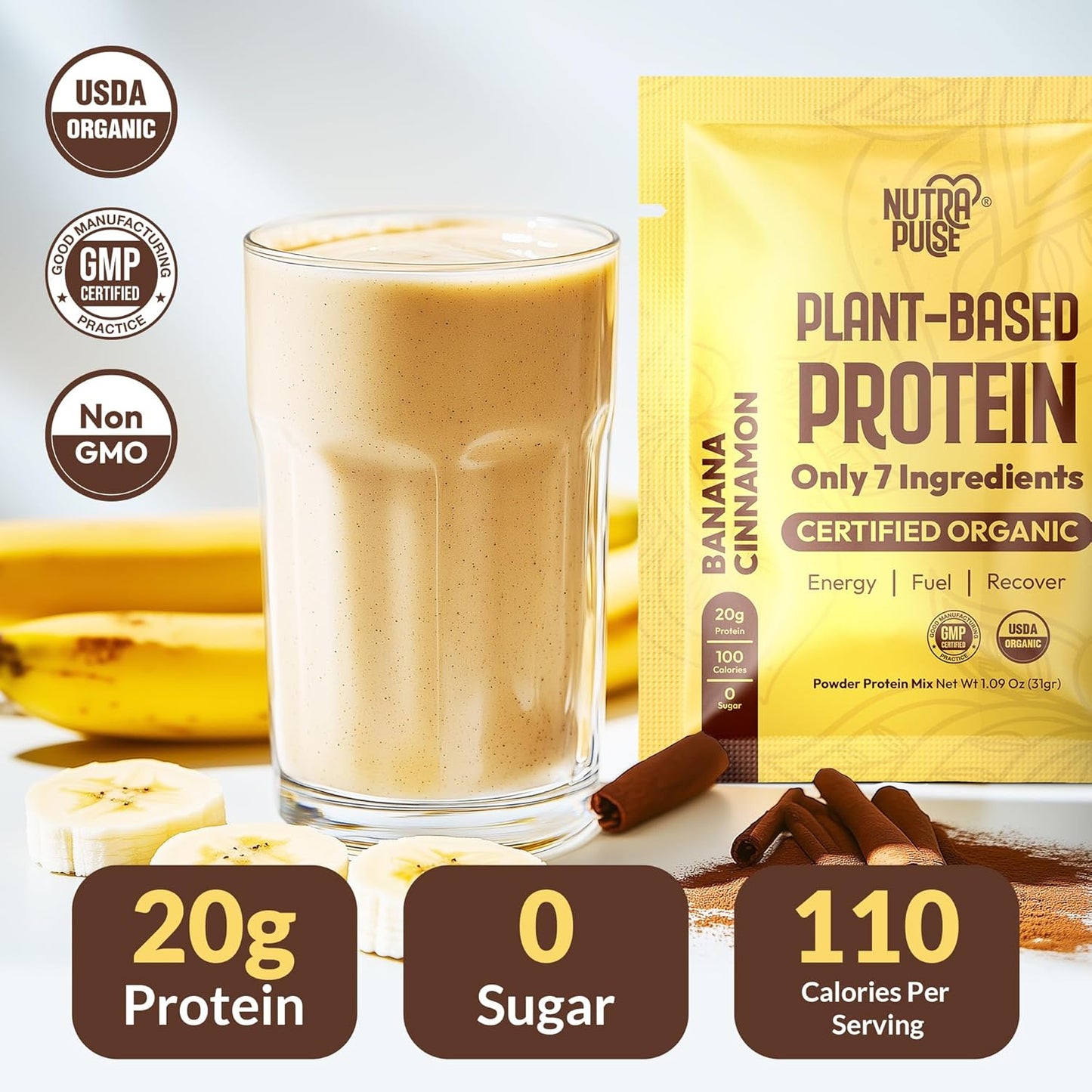 Organic Vegan Protein Powder Sample Pack - Plant-Based & Gluten-Free with 20g Protein Per Serving (Banana Cinnamon, Pack of 24)