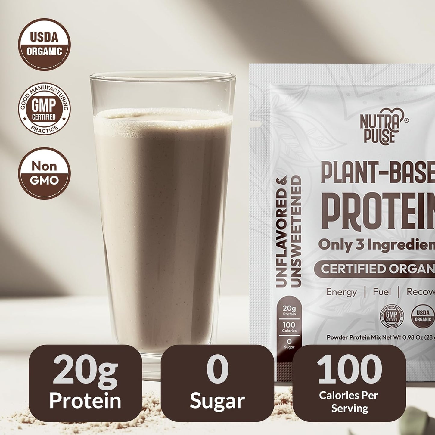 Organic Vegan Protein Powder Sample Pack - Plant-Based & Gluten-Free with 20g Protein per Serving, Ideal for Smoothies & Shakes (Unflavored, Pack of 8)