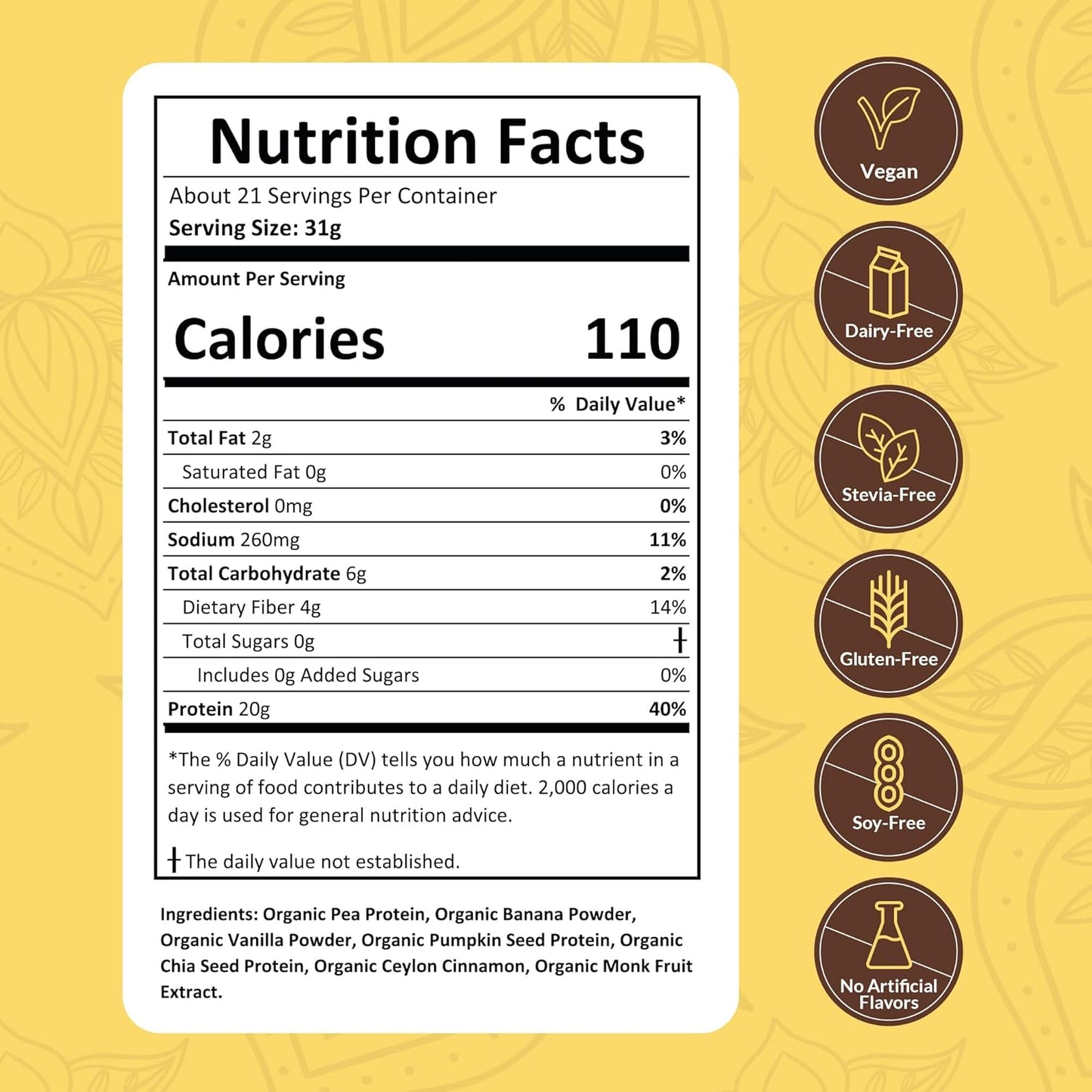 Organic Vegan Protein Powder Sample Pack - Plant-Based & Gluten-Free with 20g Protein Per Serving (Banana Cinnamon, Pack of 24)