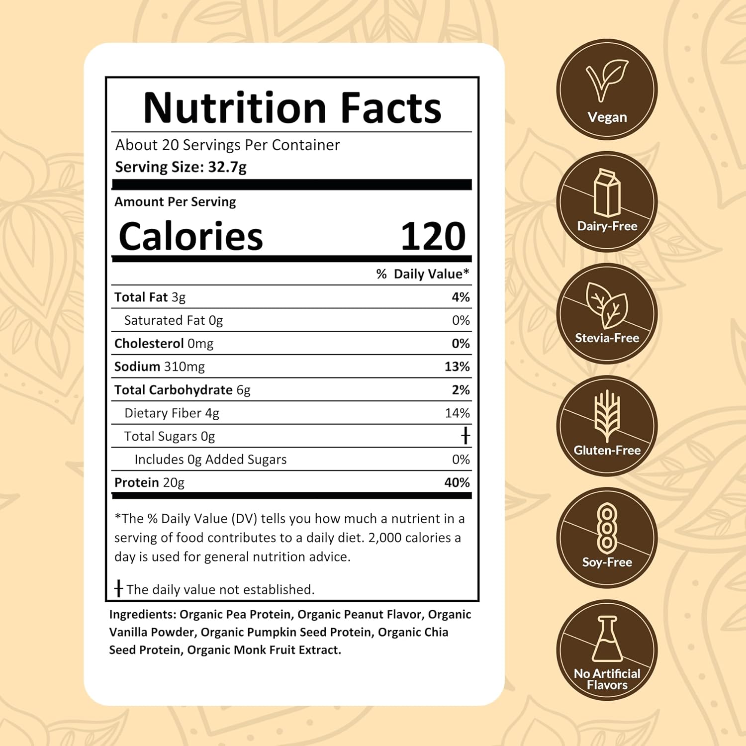 Organic Vegan Protein Powder Sample Pack - Plant-Based, Gluten-Free, Non GMO, 20g Protein, Peanut Butter Flavor, Pack of 8