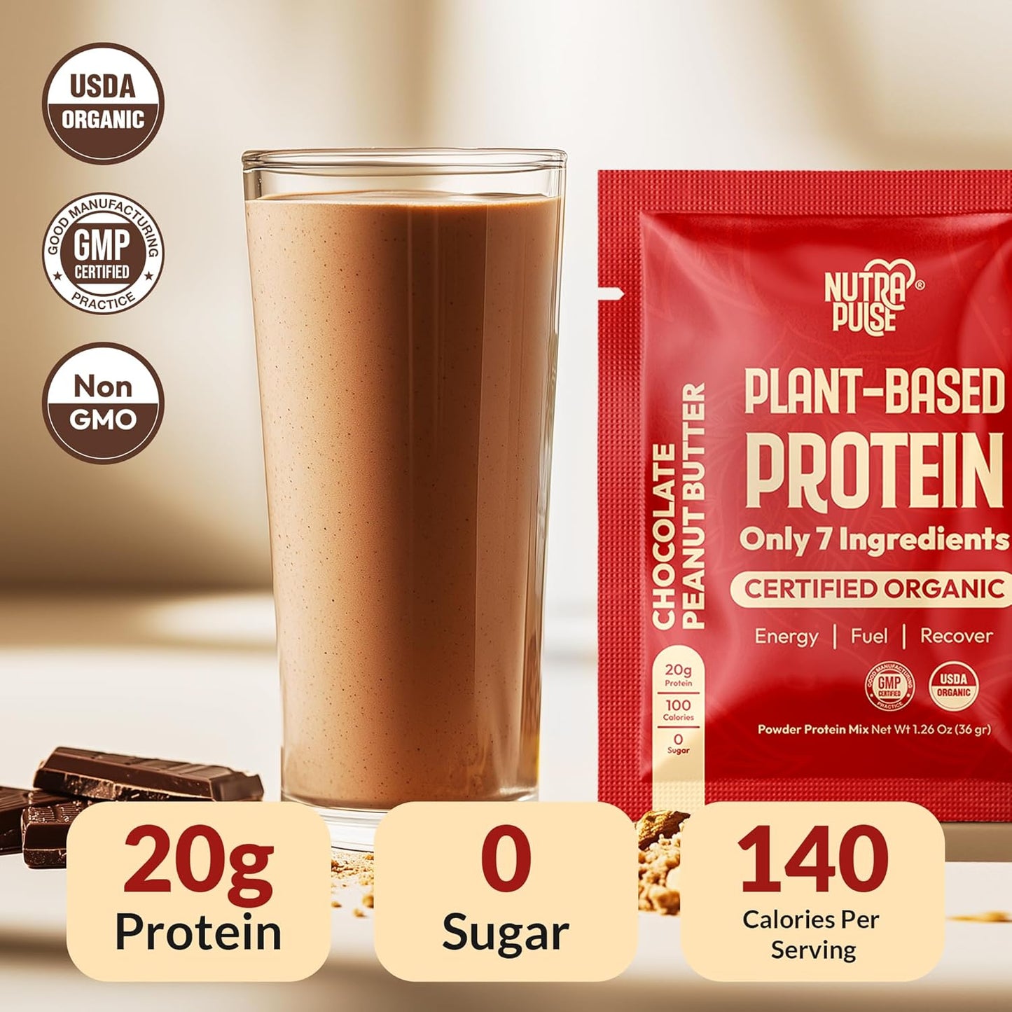 Organic Vegan Protein Powder Sample Pack - Plant-Based & Gluten-Free, Non GMO, 20g Protein Per Serving, Ideal for Smoothies & Shakes - Chocolate Peanut Butter, Pack of 8