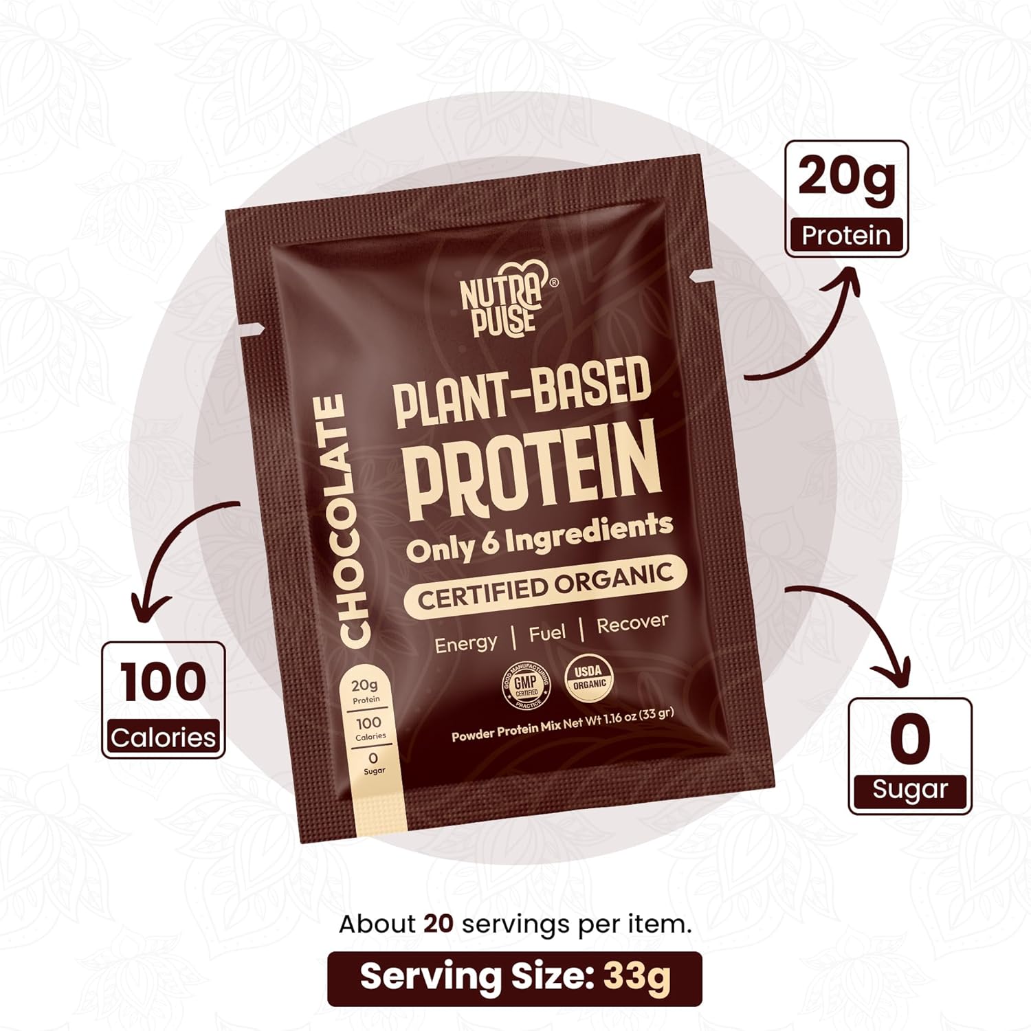 Organic Vegan Protein Powder Sample Pack - Plant-Based, Gluten-Free, Non GMO, 20g Protein Per Serving - Chocolate Flavor, Pack of 16