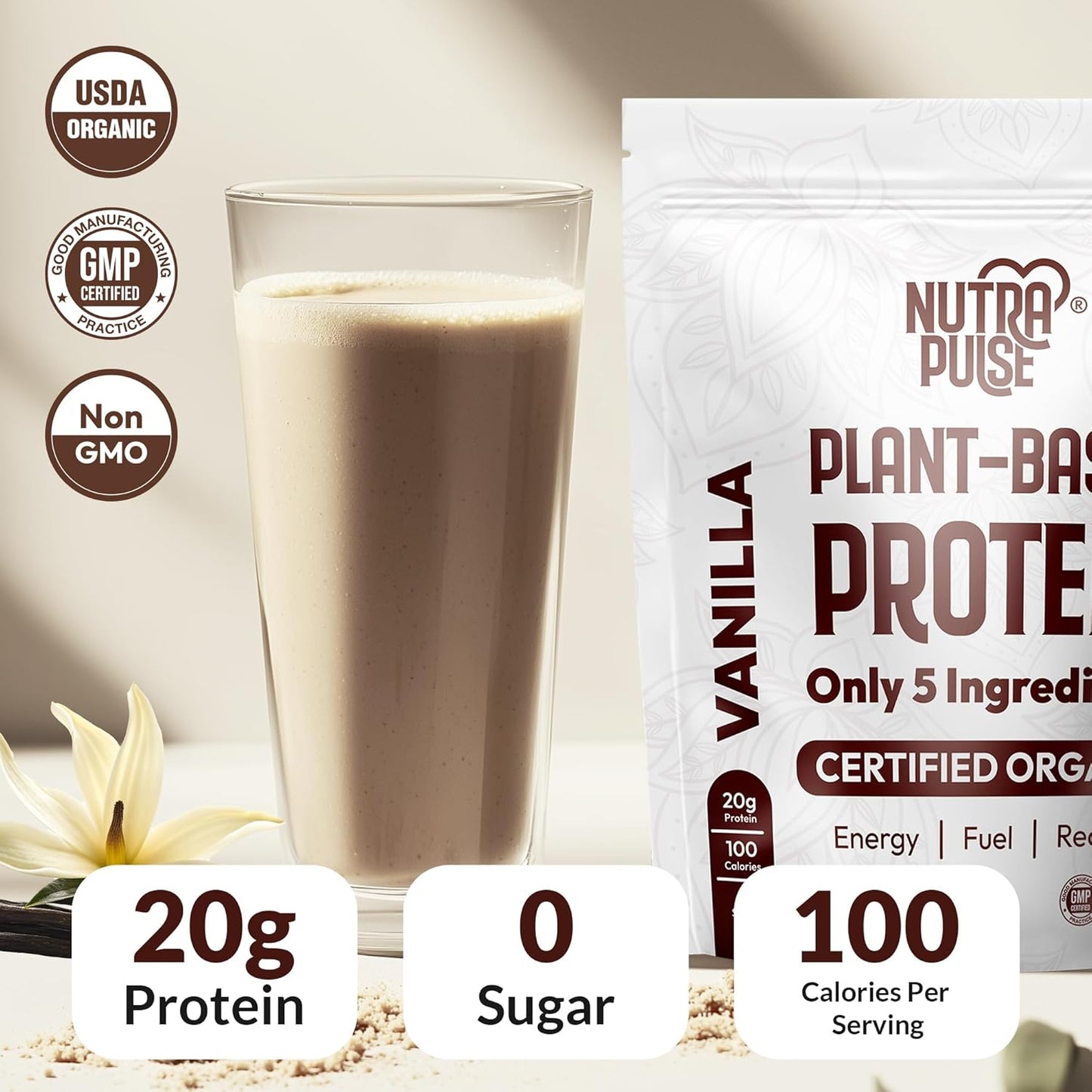 Organic Vegan Protein Powder with 20g Plant-Based Protein - Gluten-Free, Ideal for Smoothies & Shakes (Vanilla, 1pk, 20 Servings)