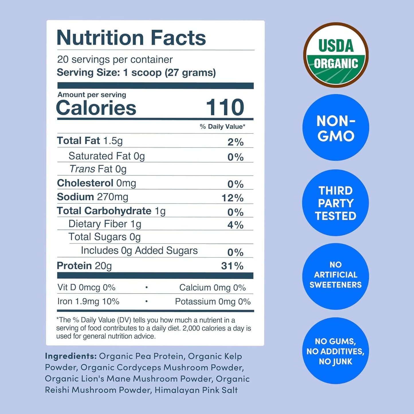 Organic Vegan Protein Powder with Mushrooms & Seaweed - 20g Plant Based Protein, Non-GMO, Gluten Free, Dairy Free - 19.05 oz