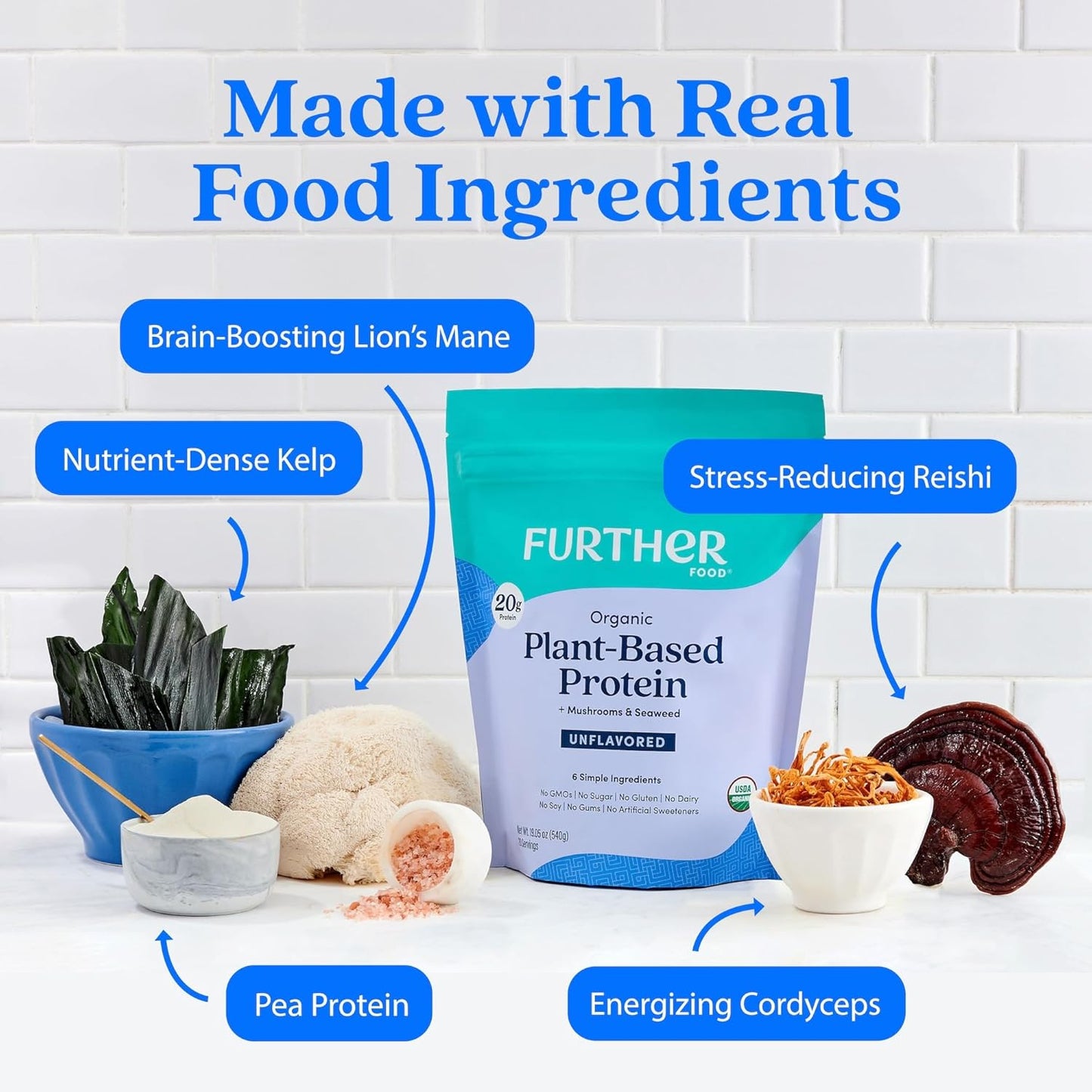 Organic Vegan Protein Powder with Mushrooms & Seaweed - 20g Plant Based Protein, Non-GMO, Gluten Free, Dairy Free - 19.05 oz