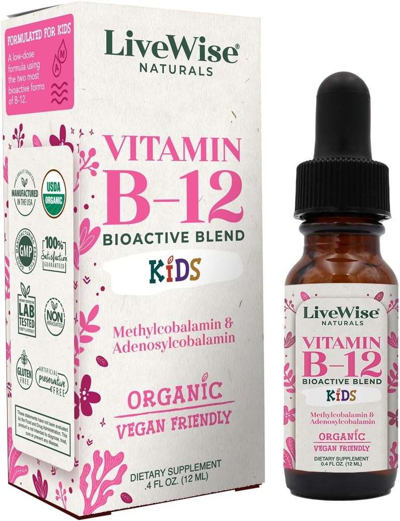 Organic Vegan Vitamin B12 Liquid Drops for Kids | Methylcobalamin & Adenosylcobalamin | Non-GMO & Gluten Free | Low Dose Formula