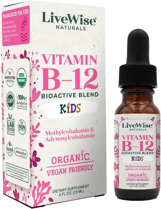 Organic Vegan Vitamin B12 Liquid Drops for Kids | Methylcobalamin & Adenosylcobalamin | Non-GMO & Gluten Free | Low Dose Formula