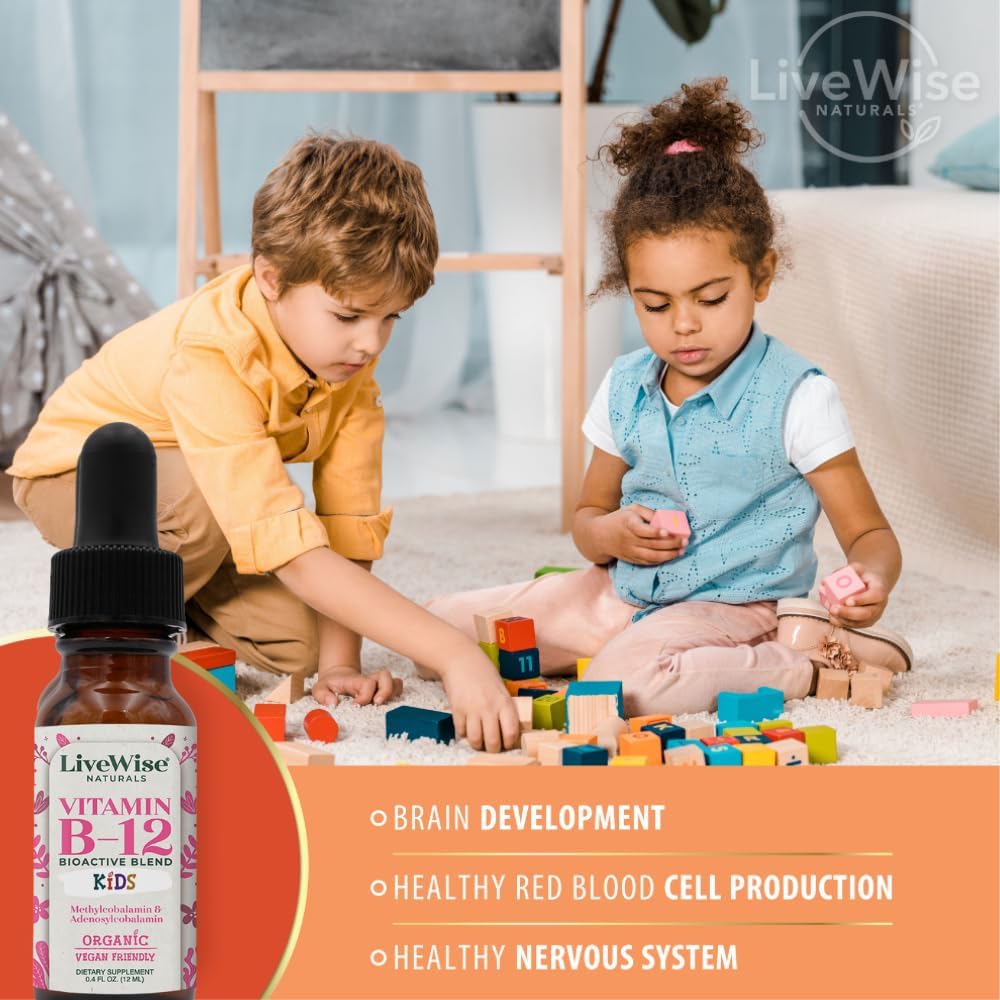 Organic Vegan Vitamin B12 Liquid Drops for Kids | Methylcobalamin & Adenosylcobalamin | Non-GMO & Gluten Free | Low Dose Formula