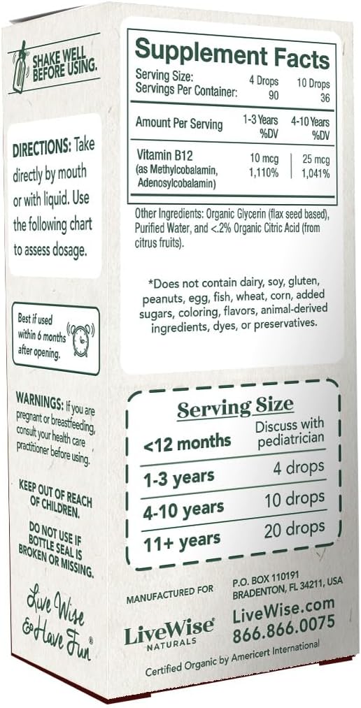 Organic Vegan Vitamin B12 Liquid Drops for Kids | Methylcobalamin & Adenosylcobalamin | Non-GMO & Gluten Free | Low Dose Formula