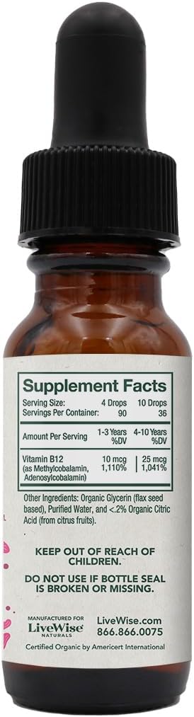 Organic Vegan Vitamin B12 Liquid Drops for Kids | Methylcobalamin & Adenosylcobalamin | Non-GMO & Gluten Free | Low Dose Formula