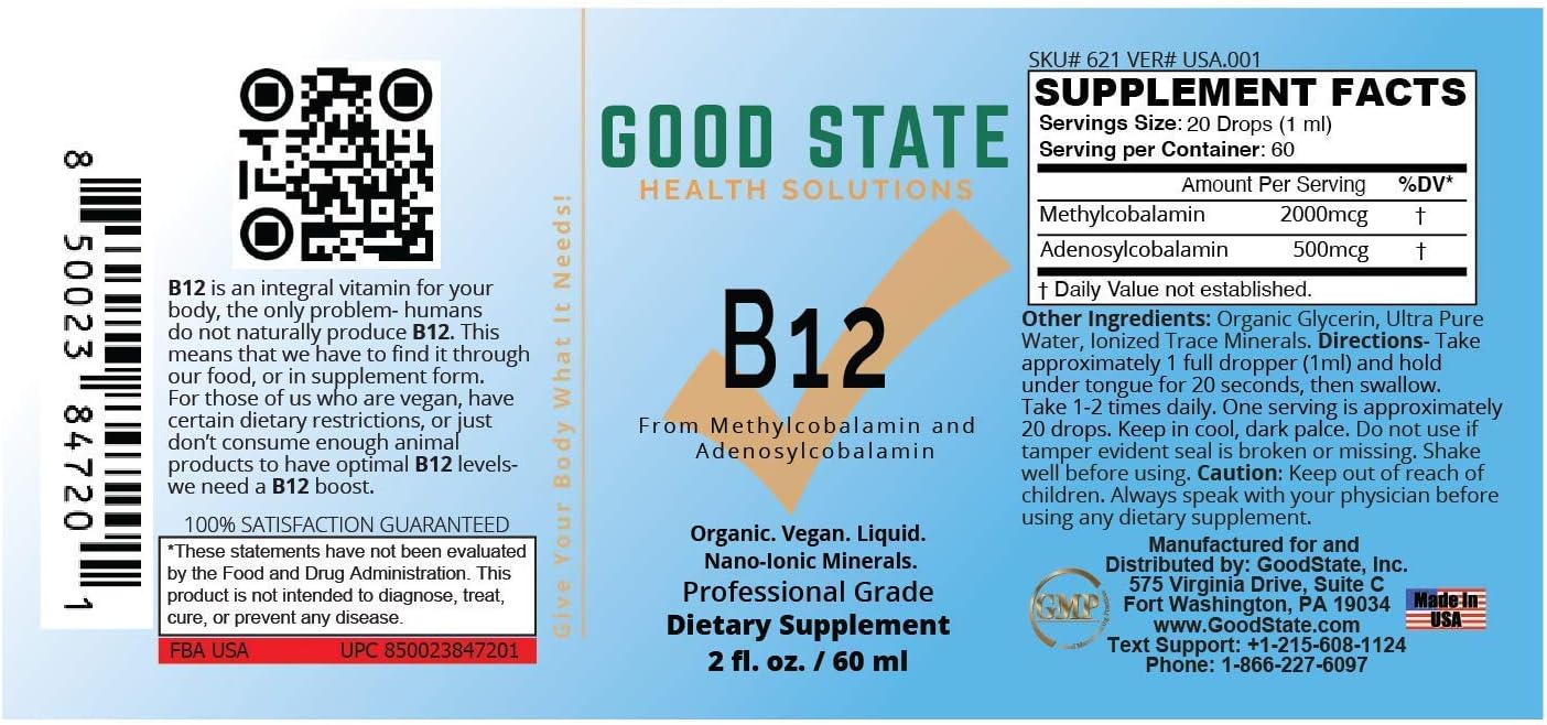 Organic Vegan Vitamin B12 Liquid Mineral Supplement | Professional Grade Sublingual Liquid | Nano-Ionic for Optimal Absorption | 2 Fl oz Bottle