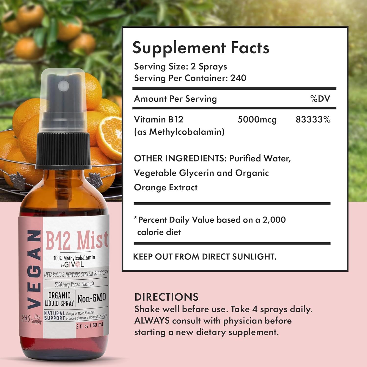 Organic Vegan Vitamin B12 Liquid Mist 5,000mcg Methylcobalamin - Quick Absorption, No Harsh Chemicals - Non-GMO, 240 Days Supply