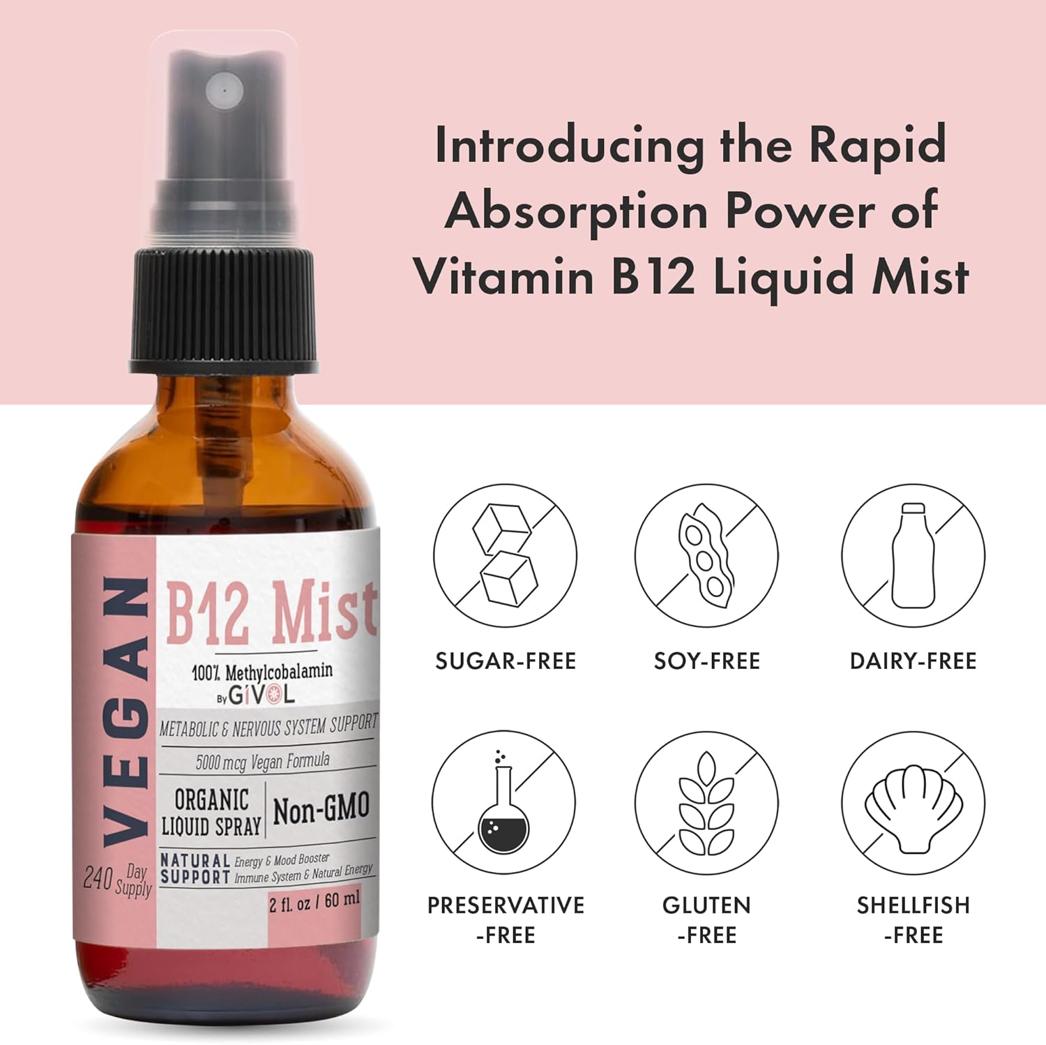 Organic Vegan Vitamin B12 Liquid Mist 5,000mcg Methylcobalamin - Quick Absorption, No Harsh Chemicals - Non-GMO, 240 Days Supply