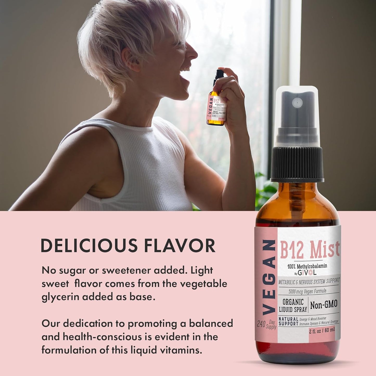 Organic Vegan Vitamin B12 Liquid Mist 5,000mcg Methylcobalamin - Quick Absorption, No Harsh Chemicals - Non-GMO, 240 Days Supply