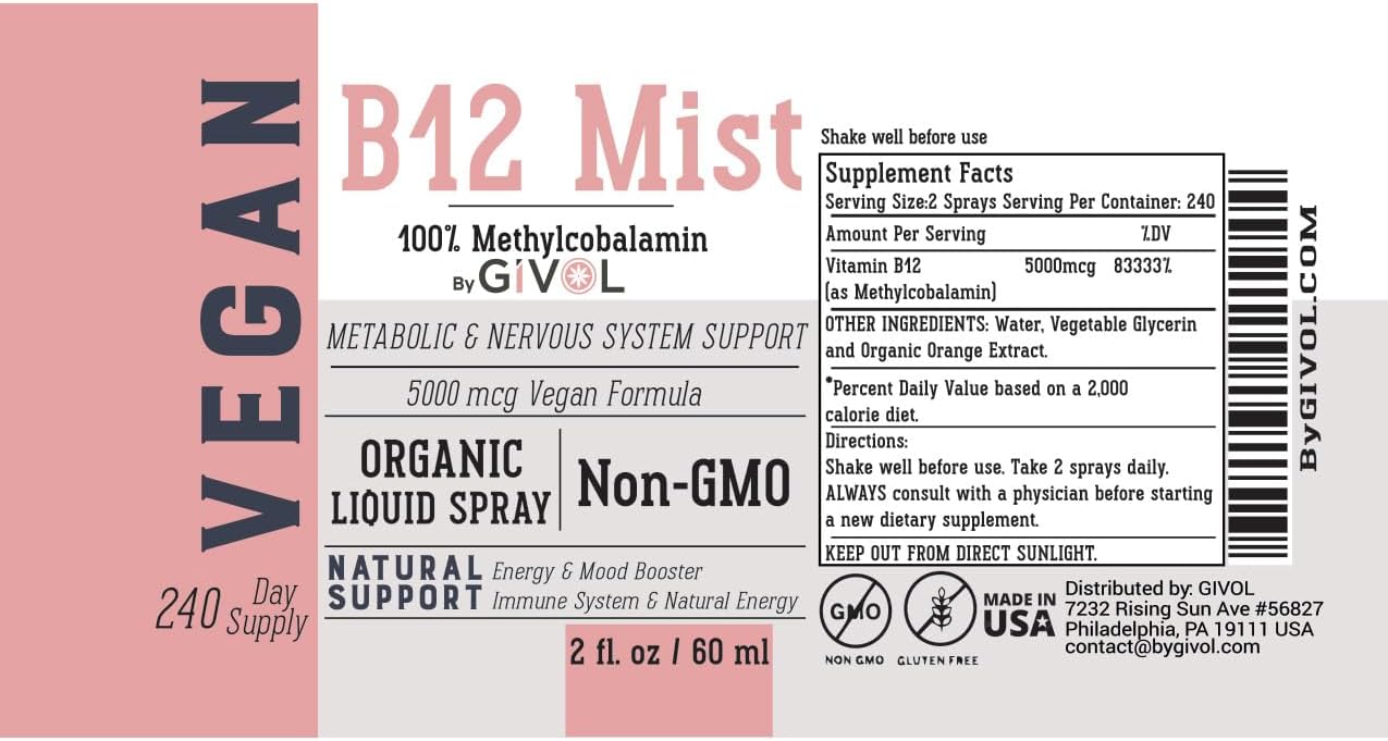 Organic Vegan Vitamin B12 Liquid Mist 5,000mcg Methylcobalamin - Quick Absorption, No Harsh Chemicals - Non-GMO, 240 Days Supply