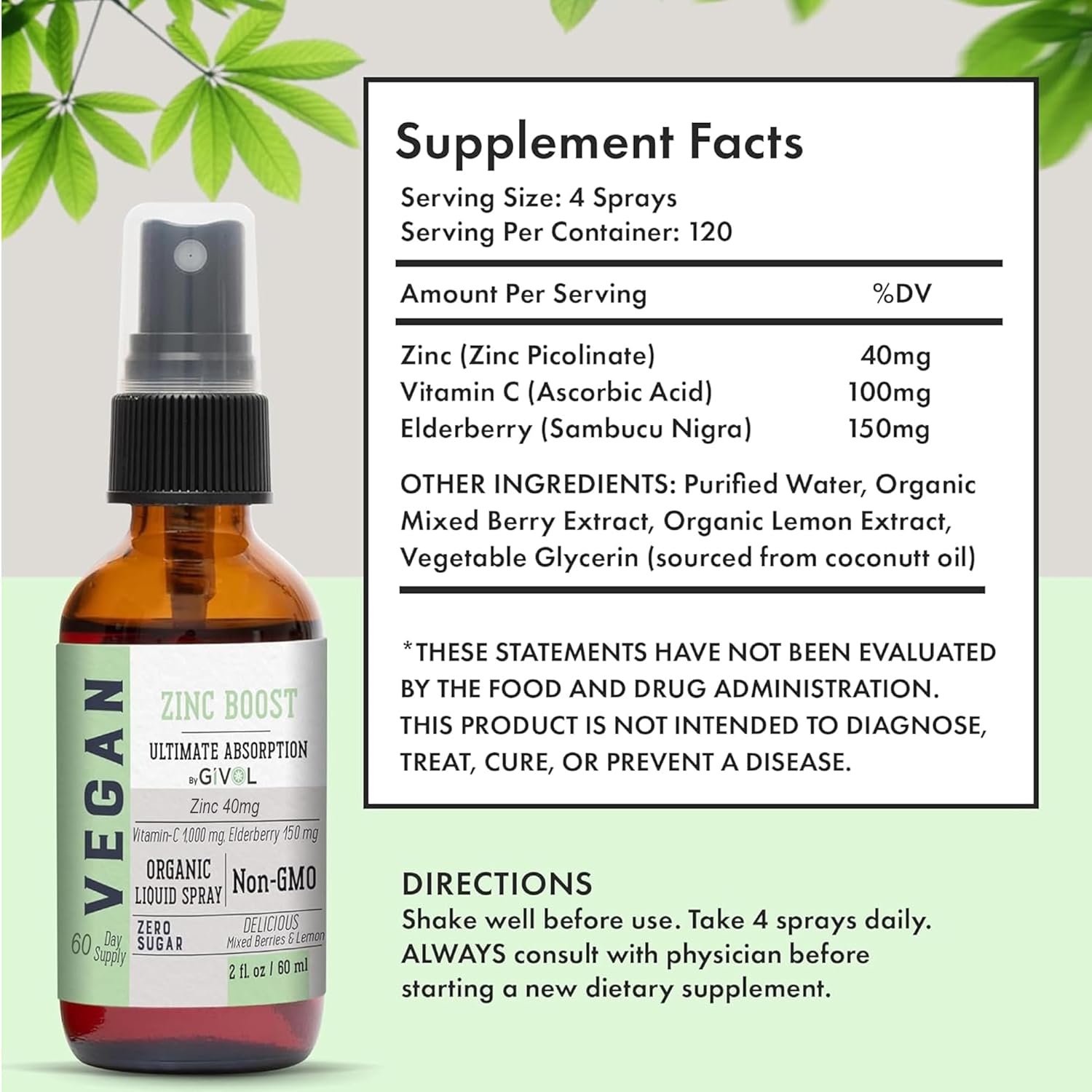 Organic Vegan Vitamin B12 Liquid Mist with Zinc Boost - 5,000mcg Methylcobalamin - Sugar Free with Vitamin C and Elderberry Extract - Non-GMO - Fast Absorption