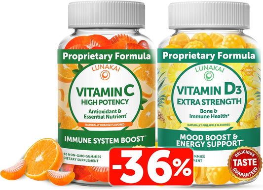 Organic Vegan Vitamin C and D3 Gummy Bundle - 300mg Chewable Supplement for Immunity, Bone, and Mood Support