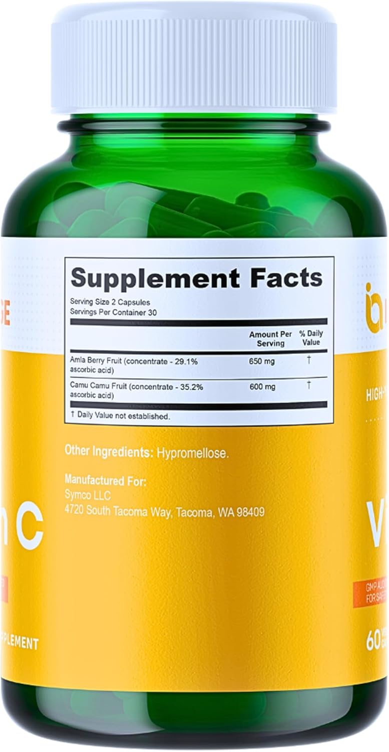 Organic Vegan Vitamin C Supplement 400mg - Immune Support with Camu-Camu and Amla Berry - 60 Count, Gluten-Free, Made in USA