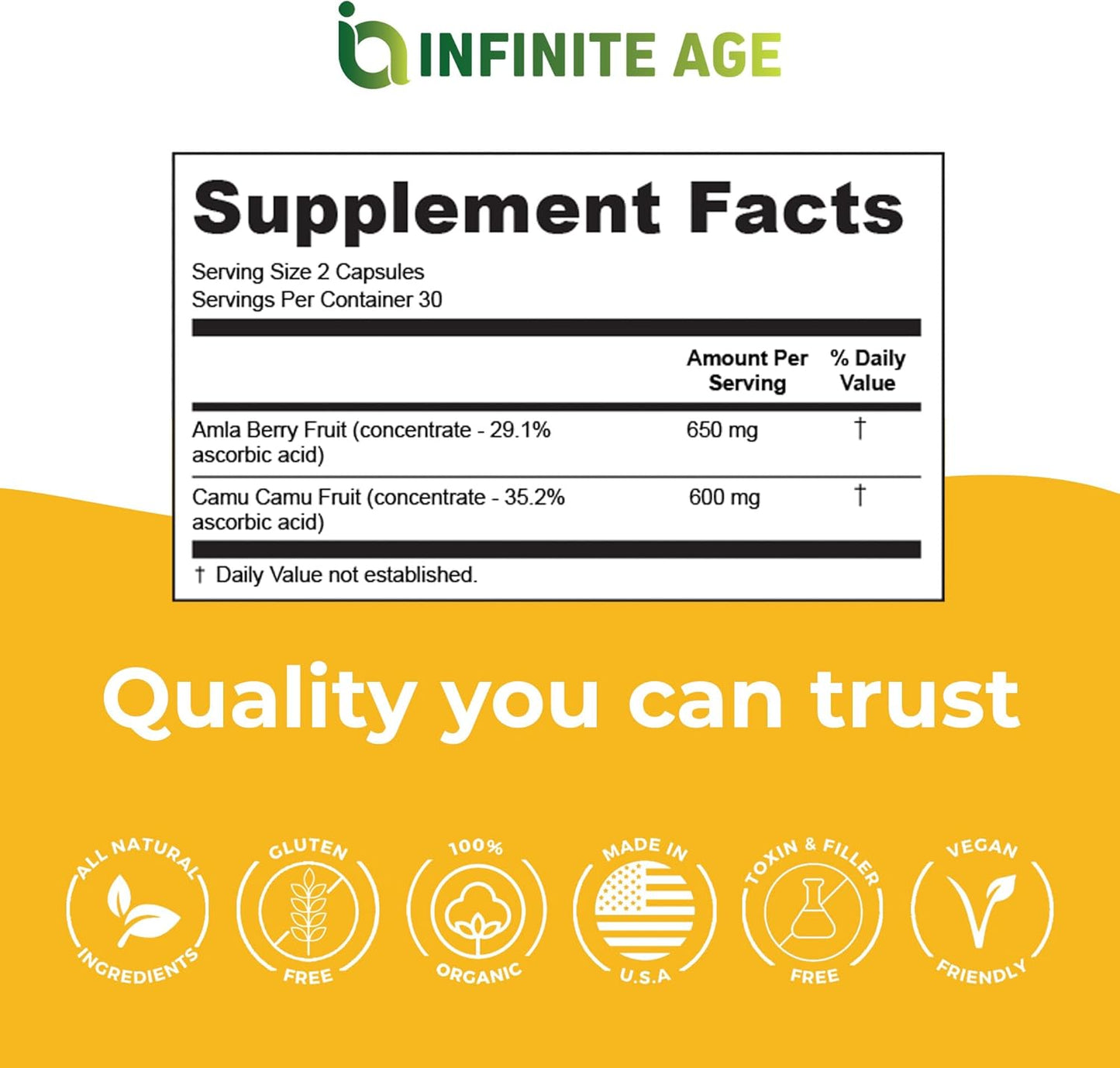 Organic Vegan Vitamin C Supplement 400mg - Immune Support with Camu-Camu and Amla Berry - 60 Count, Gluten-Free, Made in USA