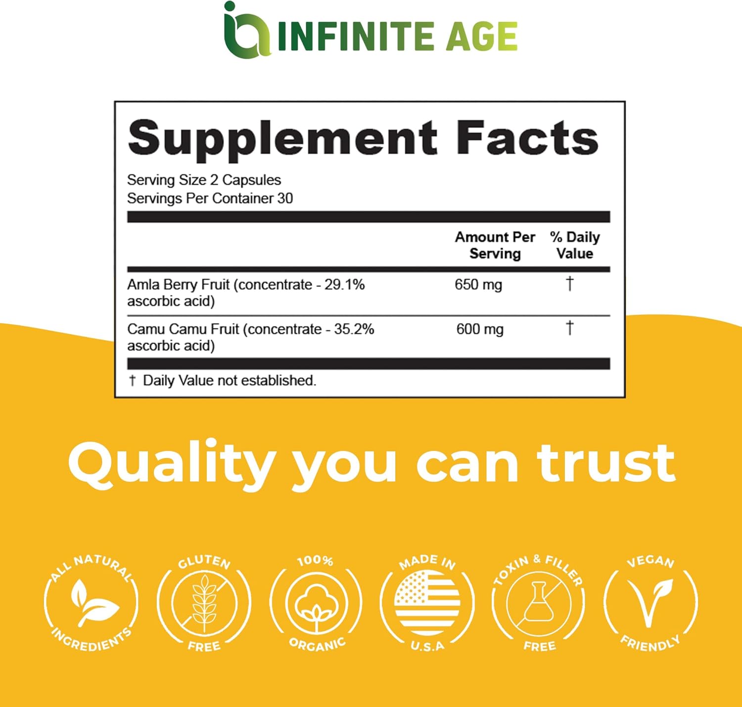 Organic Vegan Vitamin C Supplement 400mg - Immune Support with Camu-Camu and Amla Berry - 60 Count, Gluten-Free, Made in USA