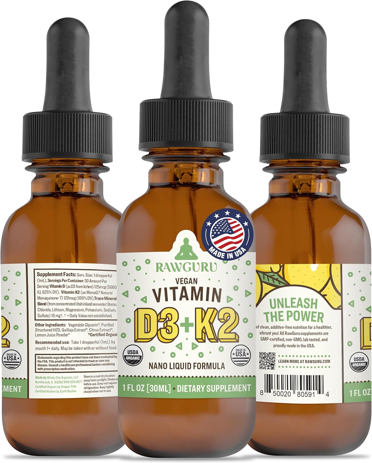 Organic Vegan Vitamin D3 and K2 Tincture with Trace Minerals - Immune Support Supplement - Nano-Processed Antioxidant - 30 Servings - 30ml - Pack of 1