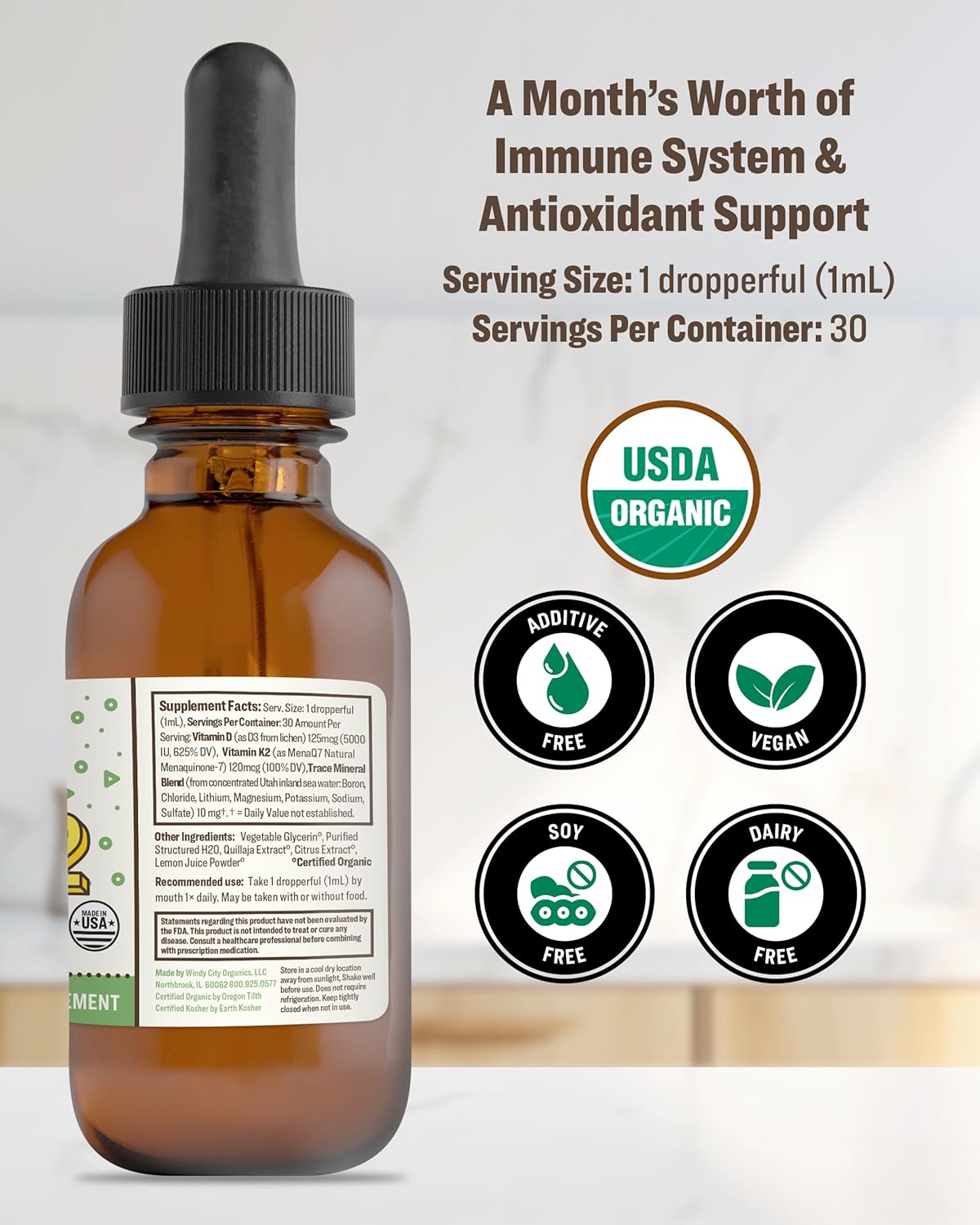 Organic Vegan Vitamin D3 and K2 Tincture with Trace Minerals - Immune Support Supplement - Nano-Processed Antioxidant - 30 Servings - 30ml - Pack of 1