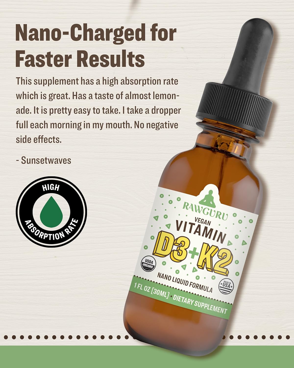 Organic Vegan Vitamin D3 and K2 Tincture with Trace Minerals - Immune Support Supplement - Nano-Processed Antioxidant - 30 Servings - 30ml - Pack of 1