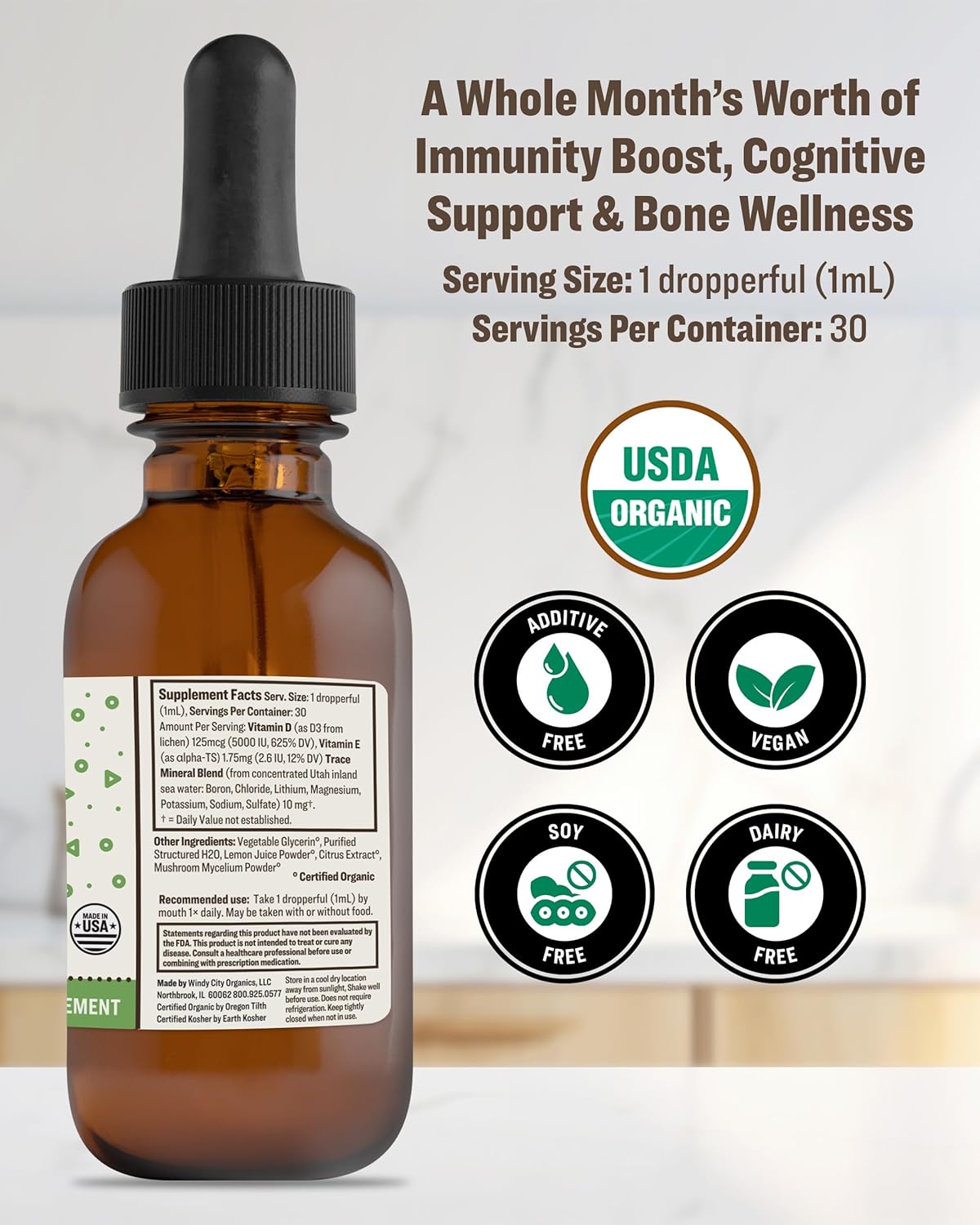 Organic Vegan Vitamin D3 Complex with Trace Minerals - Immunity & Cognitive Support Tincture - 30 Servings, 30ml