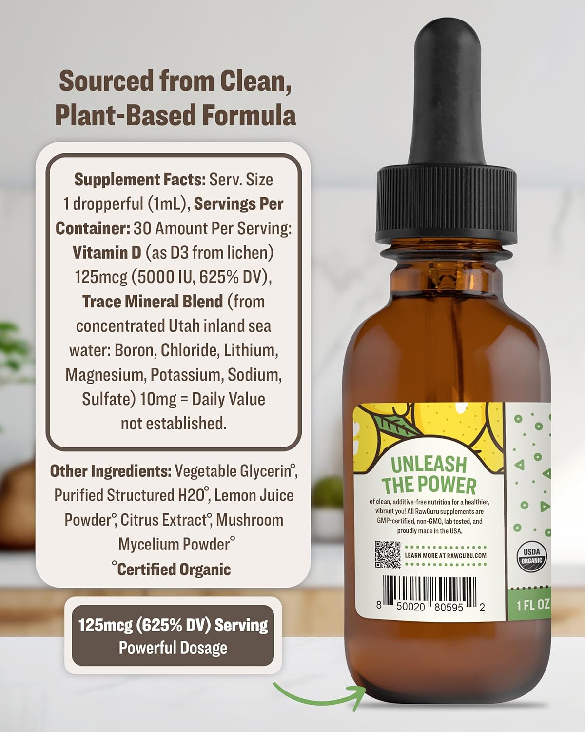 Organic Vegan Vitamin D3 Complex with Trace Minerals - Immunity & Cognitive Support Tincture - 30 Servings, 30ml