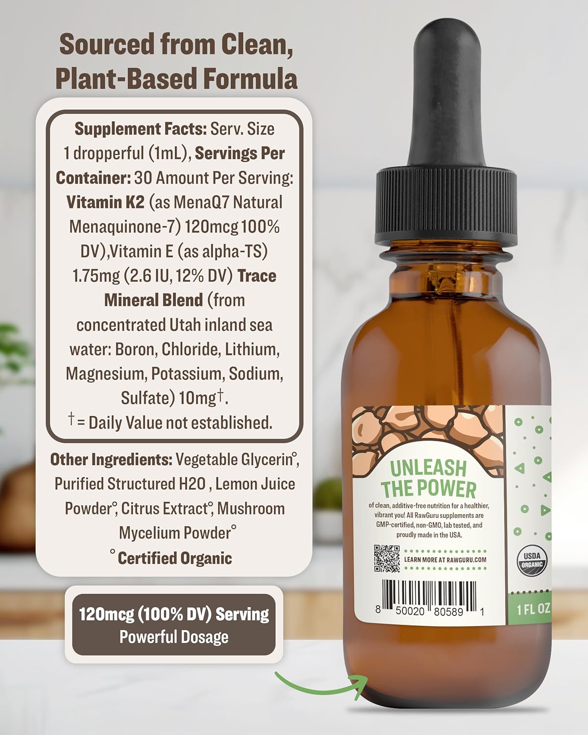 Organic Vegan Vitamin K2 MK7 Supplement with Trace Minerals - Antioxidant & Immune Support Tincture - 30 Servings, 30 ml - Pack of 1