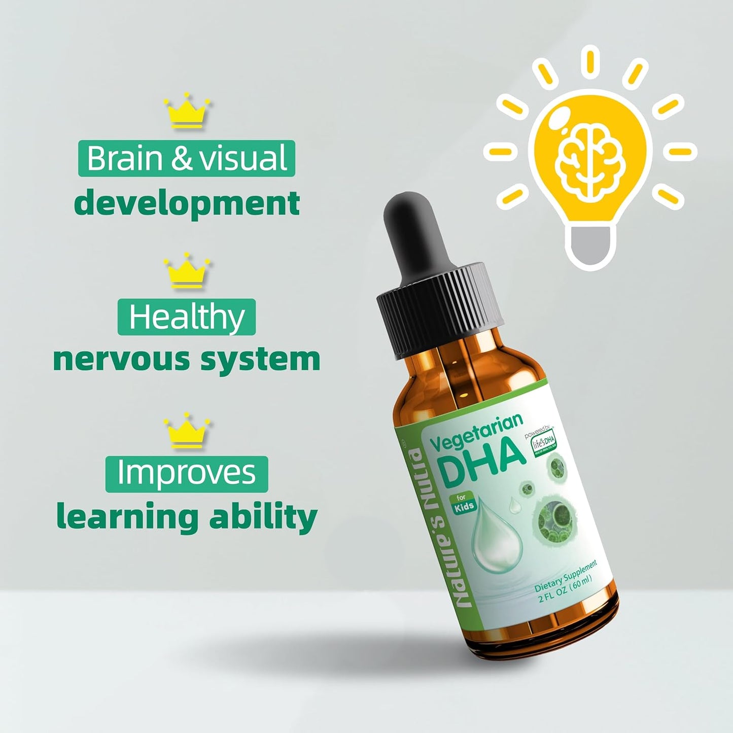Organic Vegetarian DHA Liquid for Baby, Infant, Kids, and Children - Non-GMO, Plant-Based Source, 100mg DHA - 2oz