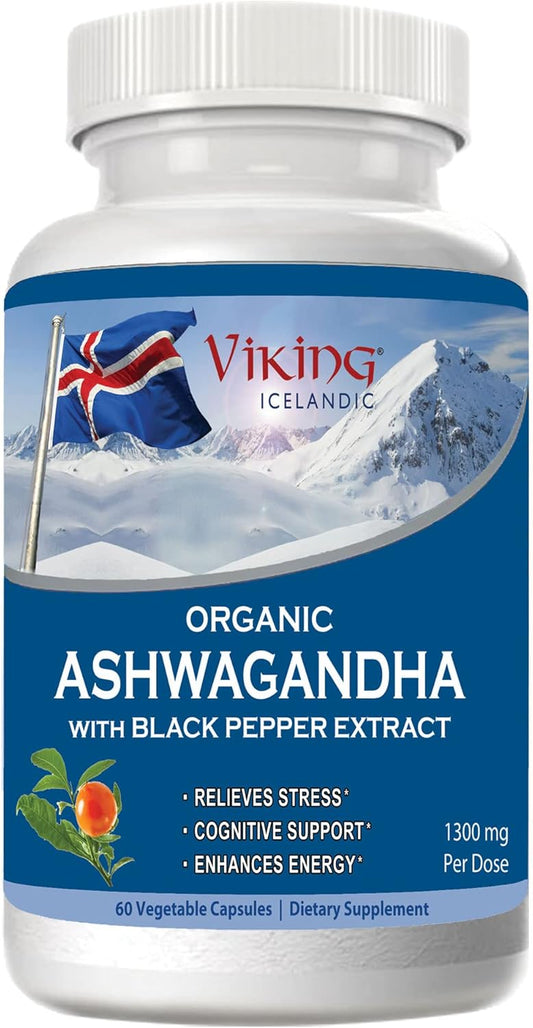 Organic Viking Ashwagandha Capsules with Black Pepper Extract - 60 Vegan Capsules for Stress, Mood & Energy Boost