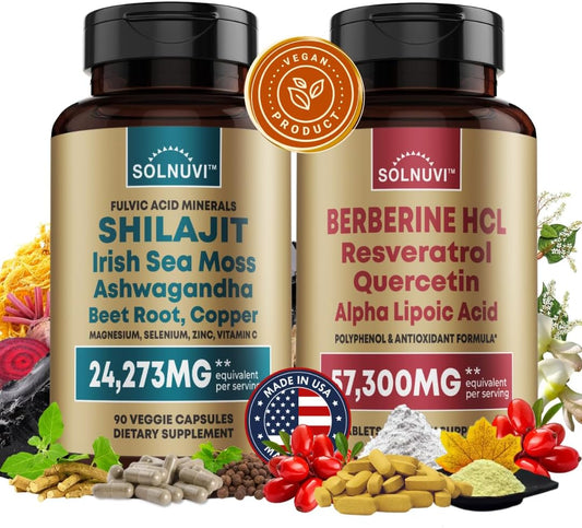 Organic Vitality Bundle: Shilajit, Berberine, Sea Moss, Ashwagandha, Resveratrol, Alpha Lipoic Acid, Quercetin - Non-GMO, Vegan