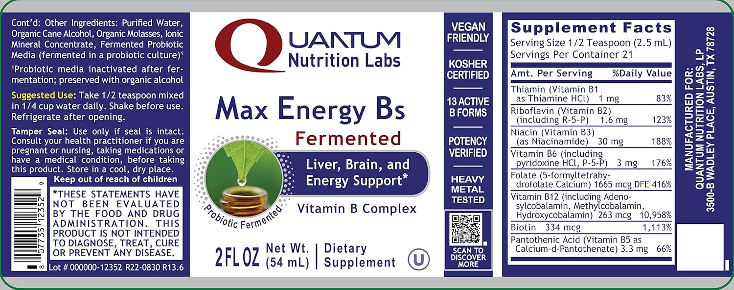 Organic Vitamin B Complex Liquid Drops for Max Energy - 2 Fl Oz - Women and Men's Supplement with B1, B2, B3, B5, B6, B12